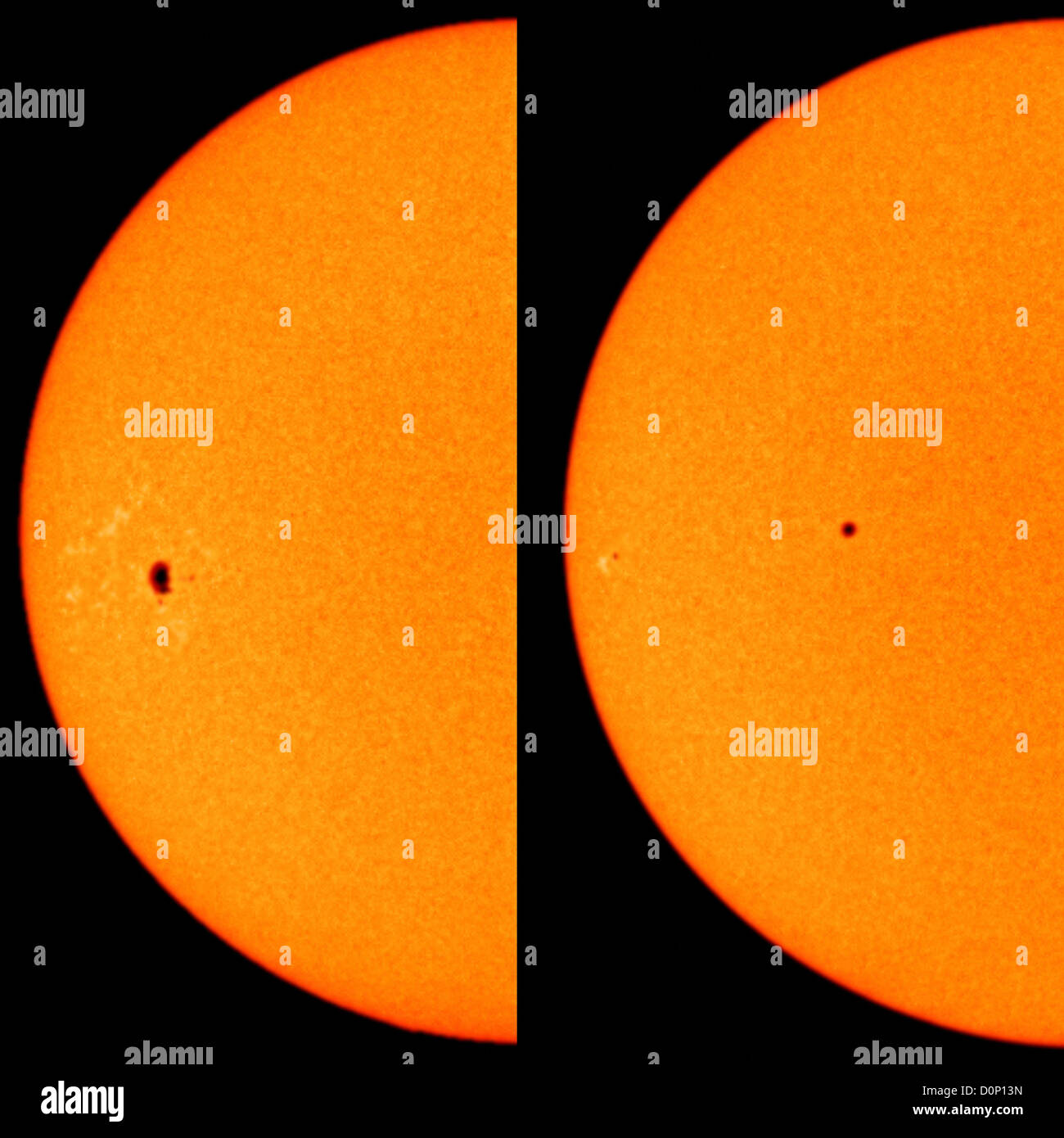 Ein Sonnenfleck dauerte in der Regel langen Zeit Dezember 2006 (links), Februar 2007 (rechts). Früher war es starke Sonneneruption Website. Stockfoto