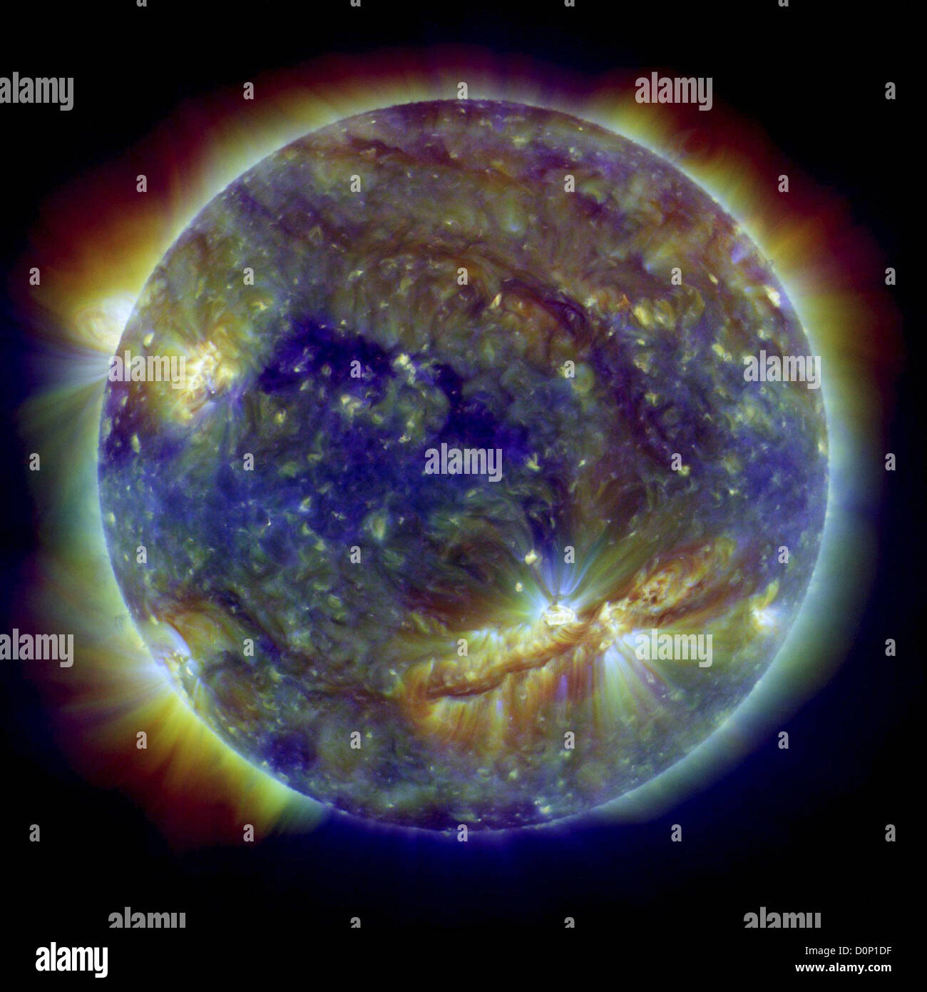 Sonnenflecken und Sonneneruption im ultravioletten Licht Stockfoto