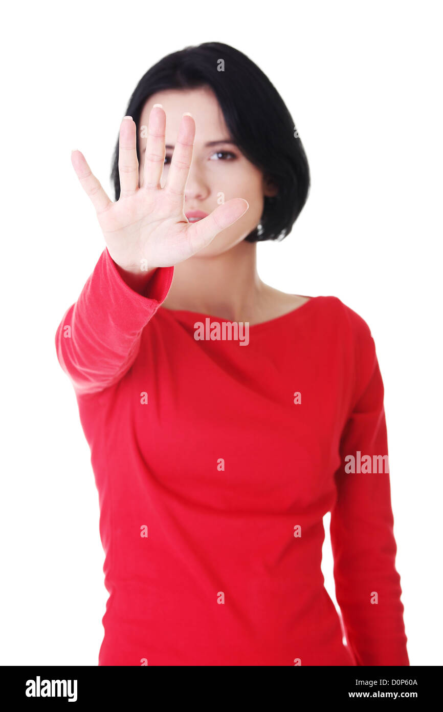 Selbstbewusste Frau machen Stop Geste Sing mit hand Stockfoto