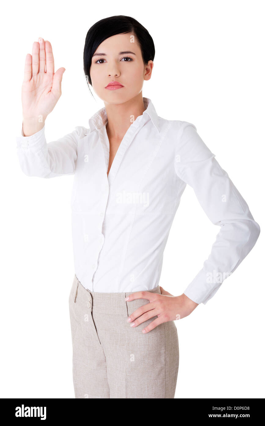 Seriouse Geschäftsfrau gestikulieren Stop mit der hand Stockfoto