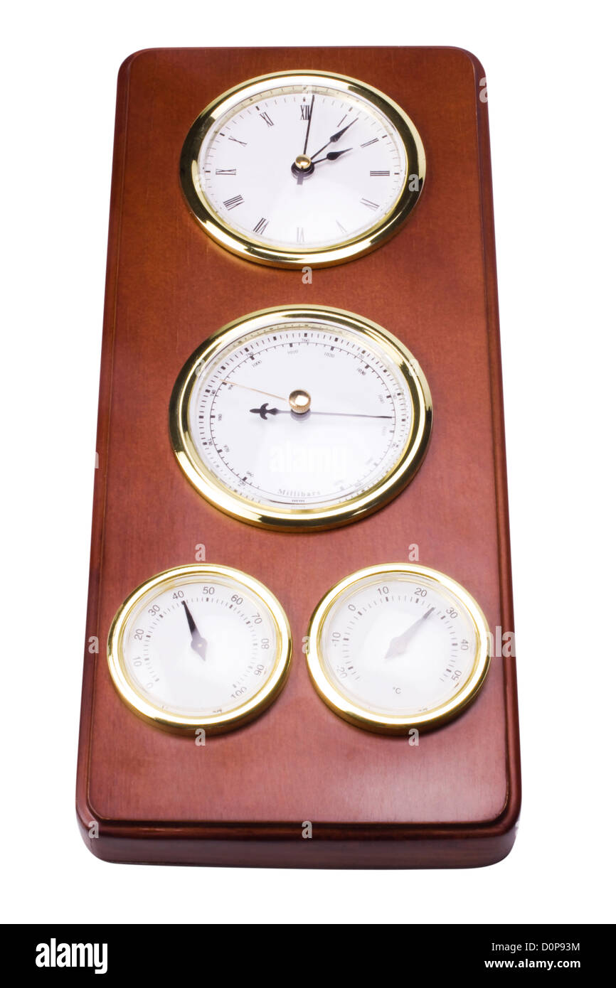 Nahaufnahme einer Uhr mit Thermometer Hygrometer und barometer