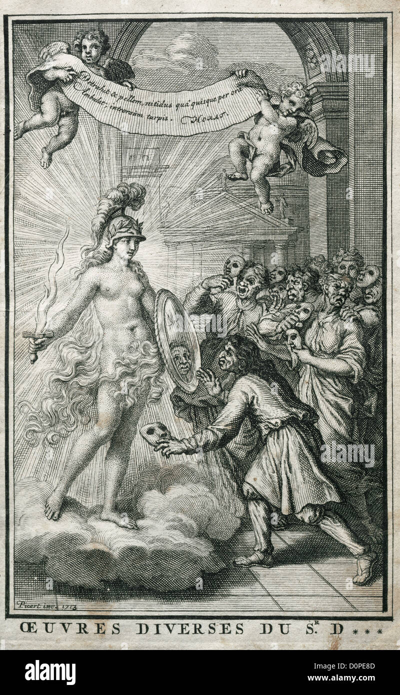 Nicolas Boileau-Despreaux (1636-1711). Französischer Dichter. Verschiedene Werke von Boileau. Gravur. 1713 in Paris gedruckt. Stockfoto