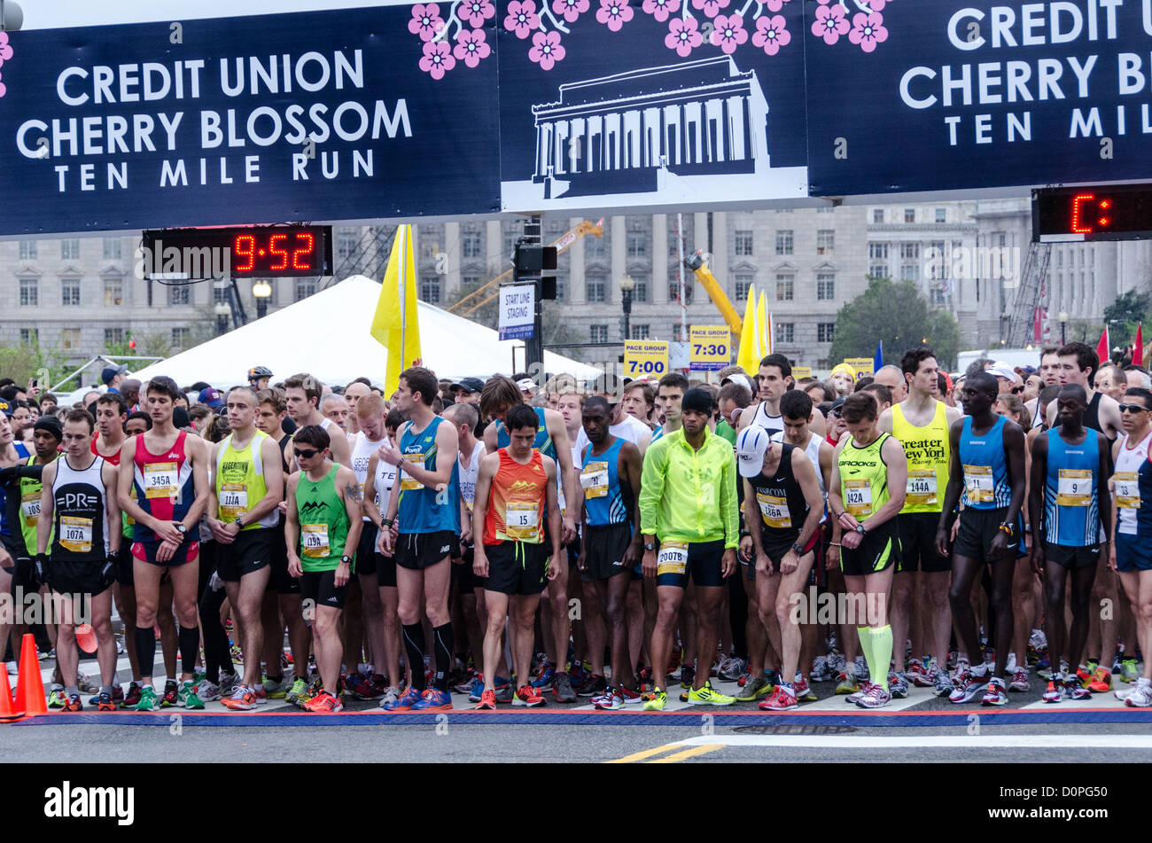 WASHINGTON DC – die Startlinie der Elite-Männer-Division wenige Sekunden vor dem Start der Cherry Blossom 10-Miler 2012. Rechts, in der Startnummer 9, steht der spätere Sieger Allan Kiprono aus Kenia, der einen neuen Streckenrekord von 45:15 aufstellte. Zu seiner Rechten, in Nummer 11, befindet sich Lani Kiplagat, ebenfalls aus Kenia, der in 46:28. In diesem Jahr fand das 40. Rennen statt, das jedes Frühjahr in Washington D.C. stattfindet und mit dem National Cherry Blossom Festival zusammenfällt. Der Kurs beginnt in der Nähe des Washington Monuments, führt über die Memorial Bridge und zurück und führt unter dem Kennedy Center herum Stockfoto