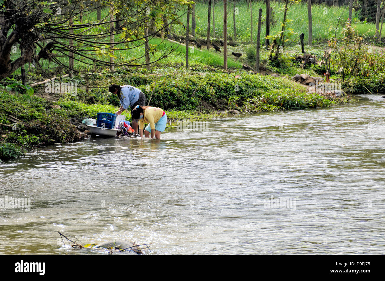 Wäscherei im Fluss Sam Neua Laos // SAM NEUA, Laos — zwei Frauen waschen früh am Morgen im Fluss Sam Neua, einer Stadt im Nordosten Laos. Sam Neua, auch Samneua, Xamneua und Xam Neua, dient als Hauptstadt der Provinz Houaphanh. Die Stadt liegt in einer bergigen Region nahe der vietnamesischen Grenze. Traditionelle Wäschereipraktiken sind in ländlichen und halbstädtischen Gebieten Laos immer noch verbreitet, wo Flüsse wichtige Wasserquellen für tägliche Aktivitäten bieten. Sam Neua liegt in einer der abgelegeneren Provinzen des Landes, bekannt für sein raues Gelände und seine traditionelle Art Stockfoto