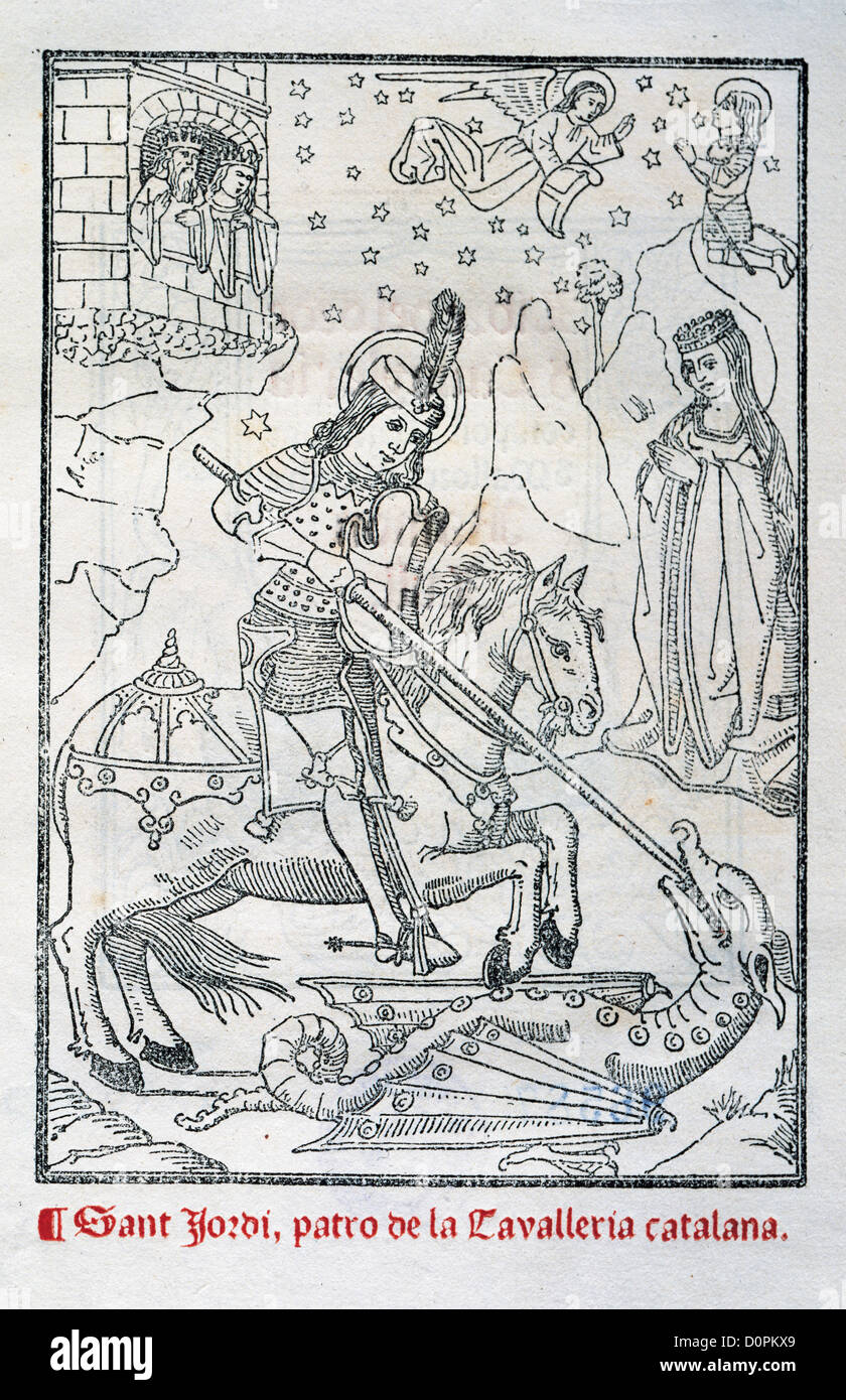 Gravur, Darstellung St George als Jugendlicher gepanzerte Kampf mit den Drachen in einer Arbeit von Ramon Llull. Stockfoto