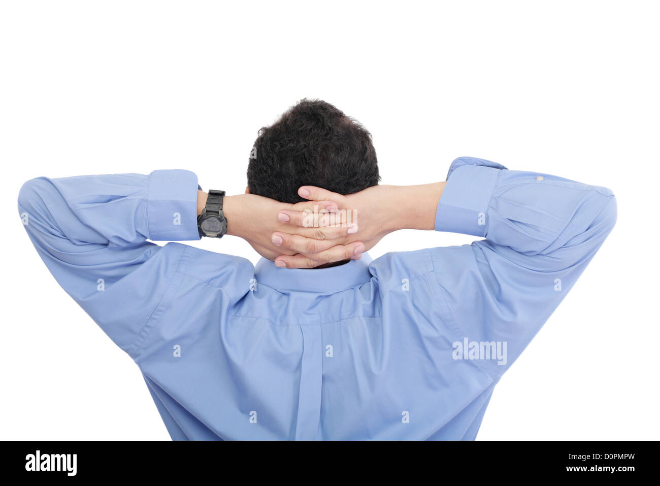 Closeup Portrait junger Geschäftsmann von der Rückseite. Mit geöffneten Armen auf seinem Sessel sitzen. Isoliert auf weißem Hintergrund Stockfoto