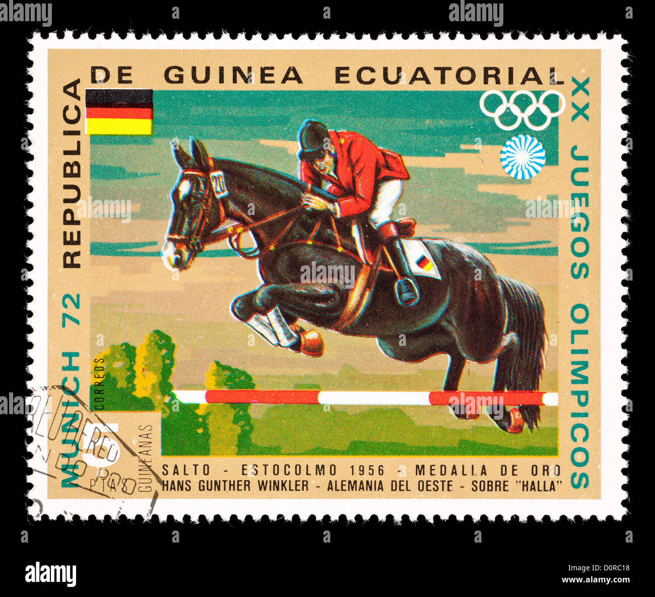 Briefmarke aus Äquatorial-Guinea, die Darstellung von Hans Günther Winkler im Pferdesport springen (Melbourne, Australien, 1960) Stockfoto