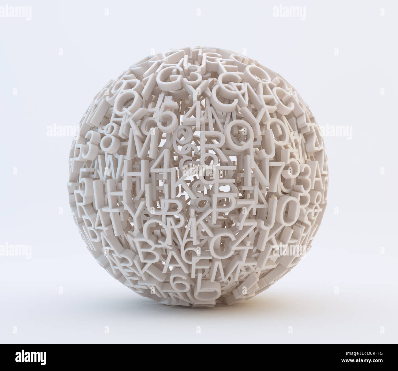 Zufällige Buchstaben und Zahlen bilden eine Kugel Stockfoto