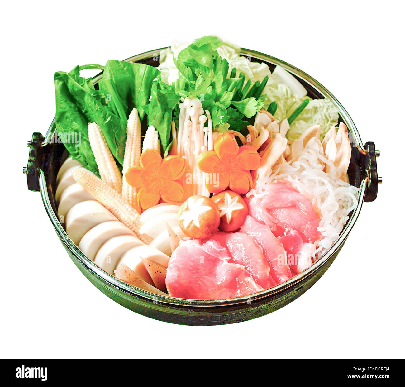 Japanische Sukiyaki set bereit gemacht für das Kochen Isolate Stockfoto