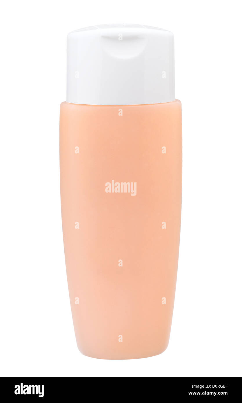 Leere Shampooflasche in helle orange Farbe isoliert Stockfoto