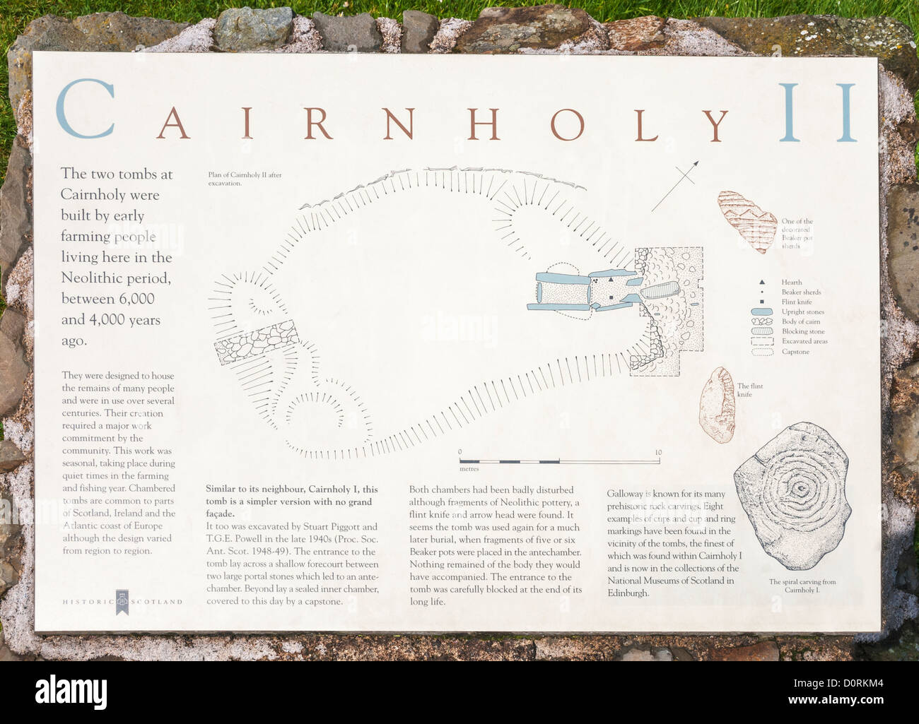 Schottland, Creetown Nähe Cairn Heiligen II, neolithische gekammert Bestattung Cairn, Informationsschild Stockfoto