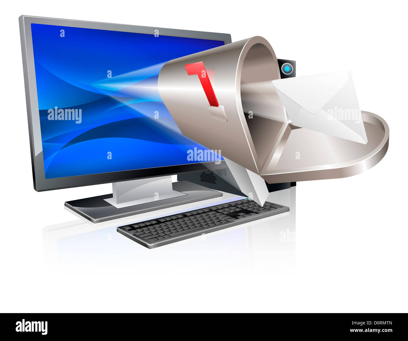 Desktop-Computer mit Mailbox und Brief Umschlag herausfliegen Bildschirm, Computer e-Mail-Nachricht-Konzept Stockfoto