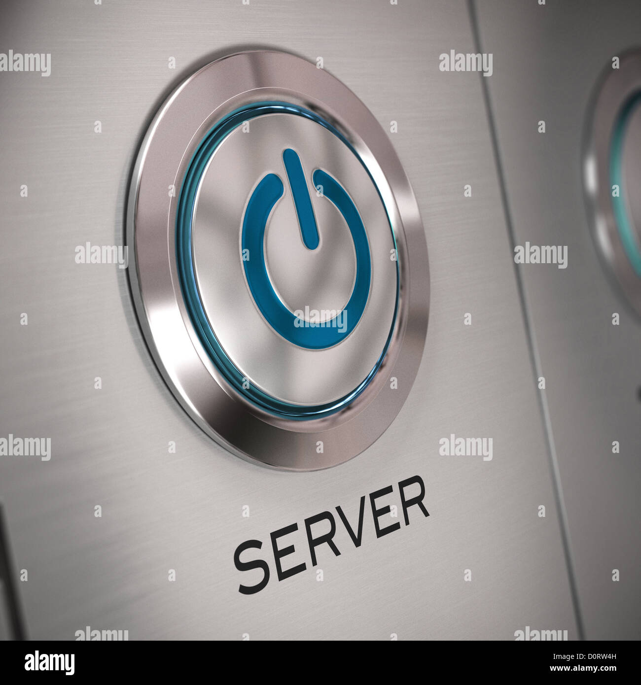 Server Push Button mit dem Startsymbol im Zentrum. server Wort an der Unterseite, blur Effekt geschrieben wird Stockfoto