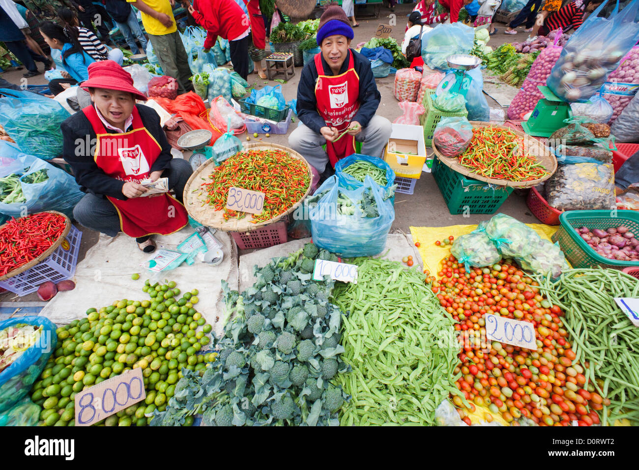 Asien, Laos, Vientiane, Markt, Märkte, asiatischen Markt, Markt, Gemüse, asiatische Küche nass Stockfoto