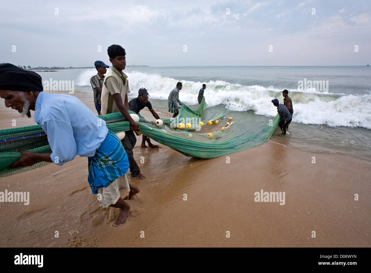 Fischer ziehen das Fischernetz. Arugam Bay. Sri Lanka Stockfoto