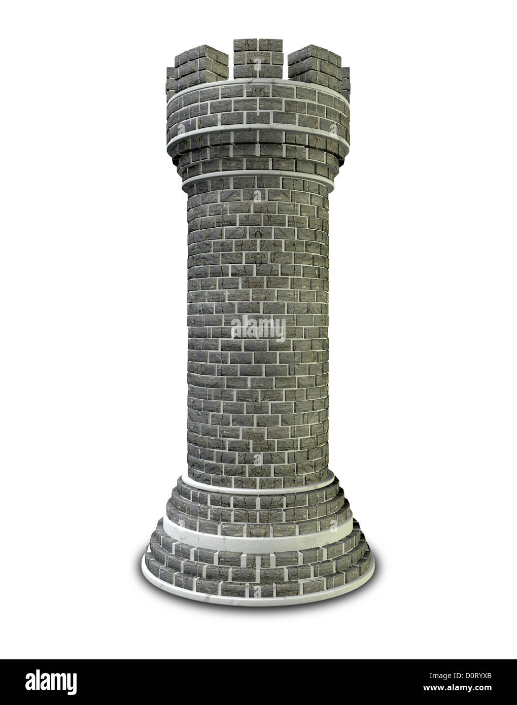 Ein Backstein und Mörtel erbaut Burg Schachfigur auf einem isolierten Hintergrund Stockfoto
