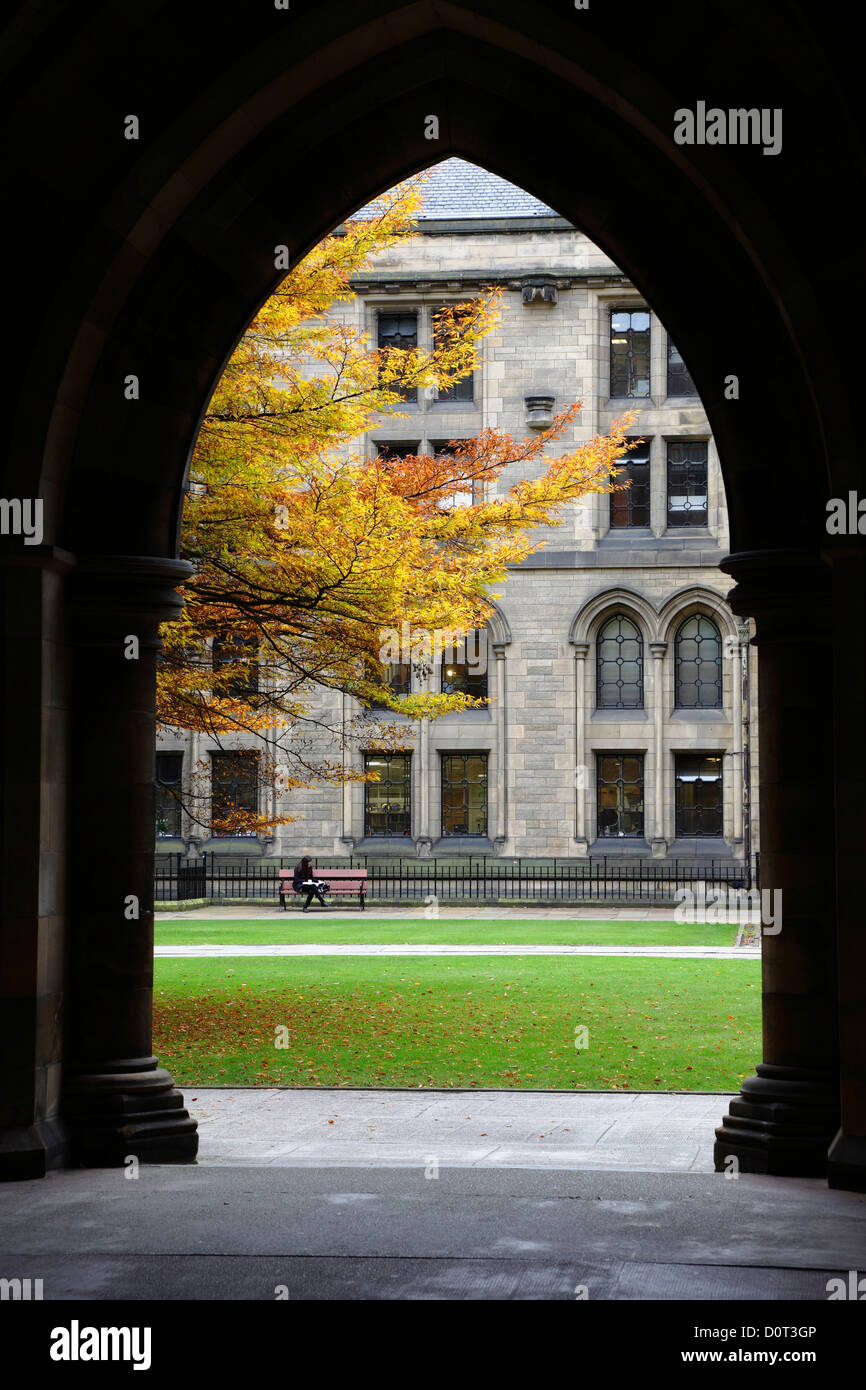 Blick durch einen Bogen zum Westquadrangle im Herbst auf dem Campus der University of Glasgow auf Gilmorehill in Glasgow, Schottland, Großbritannien Stockfoto
