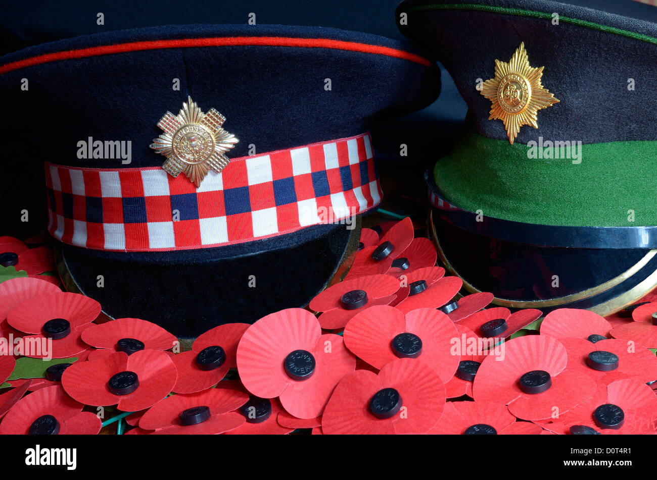 SCOTS GUARDS UND IRISH GUARDS KLEID KAPPEN IN EIN MEER DER ERINNERUNG-MOHN Stockfoto