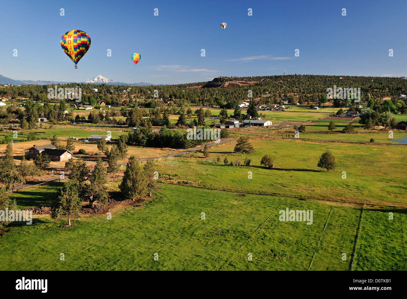 Landschaft, grün, Weide, Mount Jefferson, Luftballons, heiße Luft, Bend, Oregon, USA, USA, Amerika, Nordamerika, Länder Stockfoto