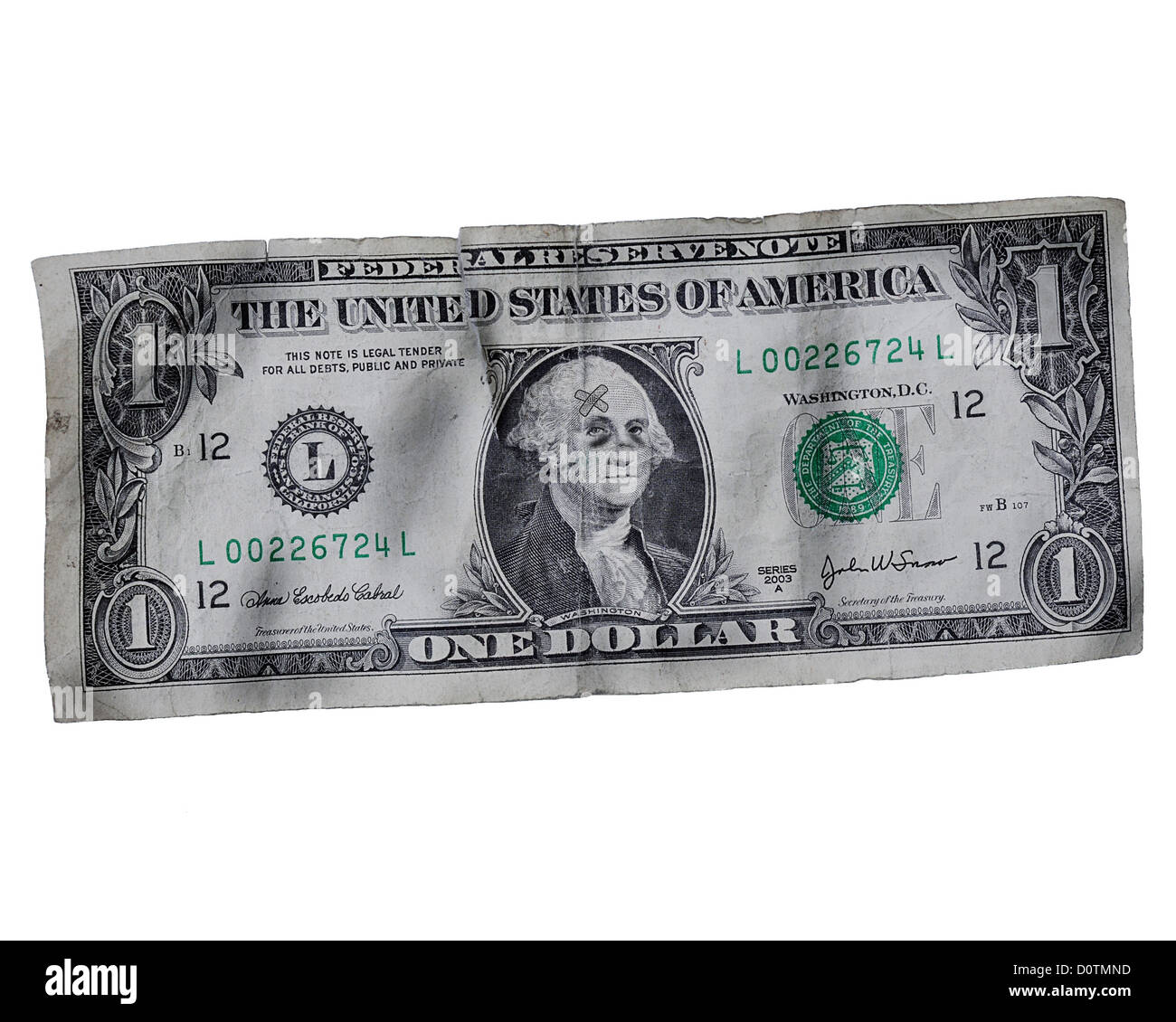 Eine zerknüllte und angeschlagenen amerikanischen Dollarschein mit George Washington in Bandagen und zwei schwarze Augen. Stockfoto