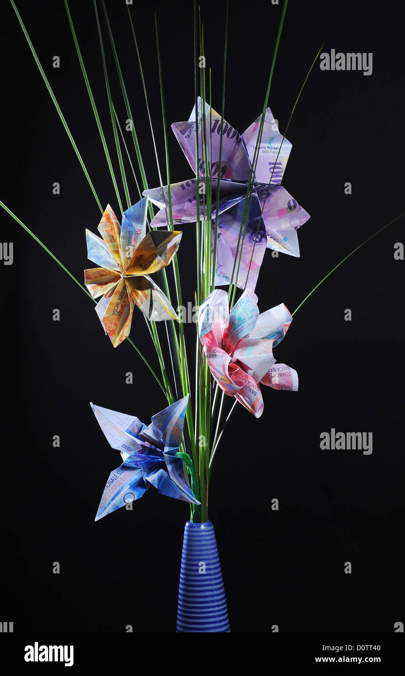 Blumen, Origami, Noten, Geld, Wachstum, gedeihen, wachsen, Schweizer Franken, Papier, Münster-, Finanzen, private Banking, Franken, Switz Stockfoto