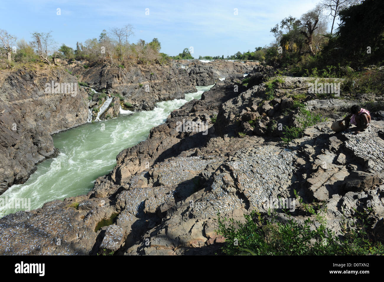 Laos, Asien, Don Khon, Mekong, Fluss, Fluss, 4000 Inseln, Inseln, Klippen, Rock, Gulch, Stromschnellen Stockfoto