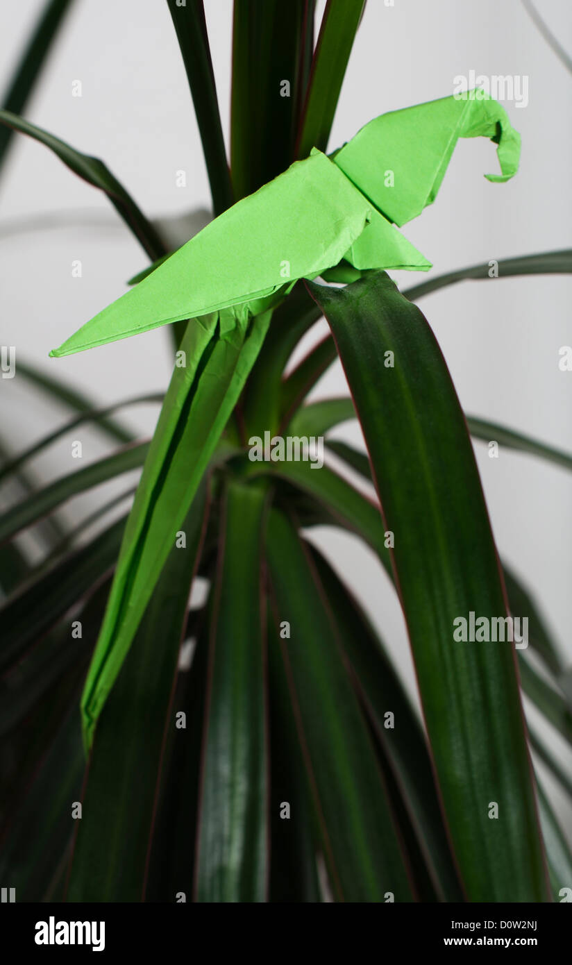 Papagei auf einem Baum. Gefaltete Origami-Stil. Papier hergestellt Papagei. Stockfoto