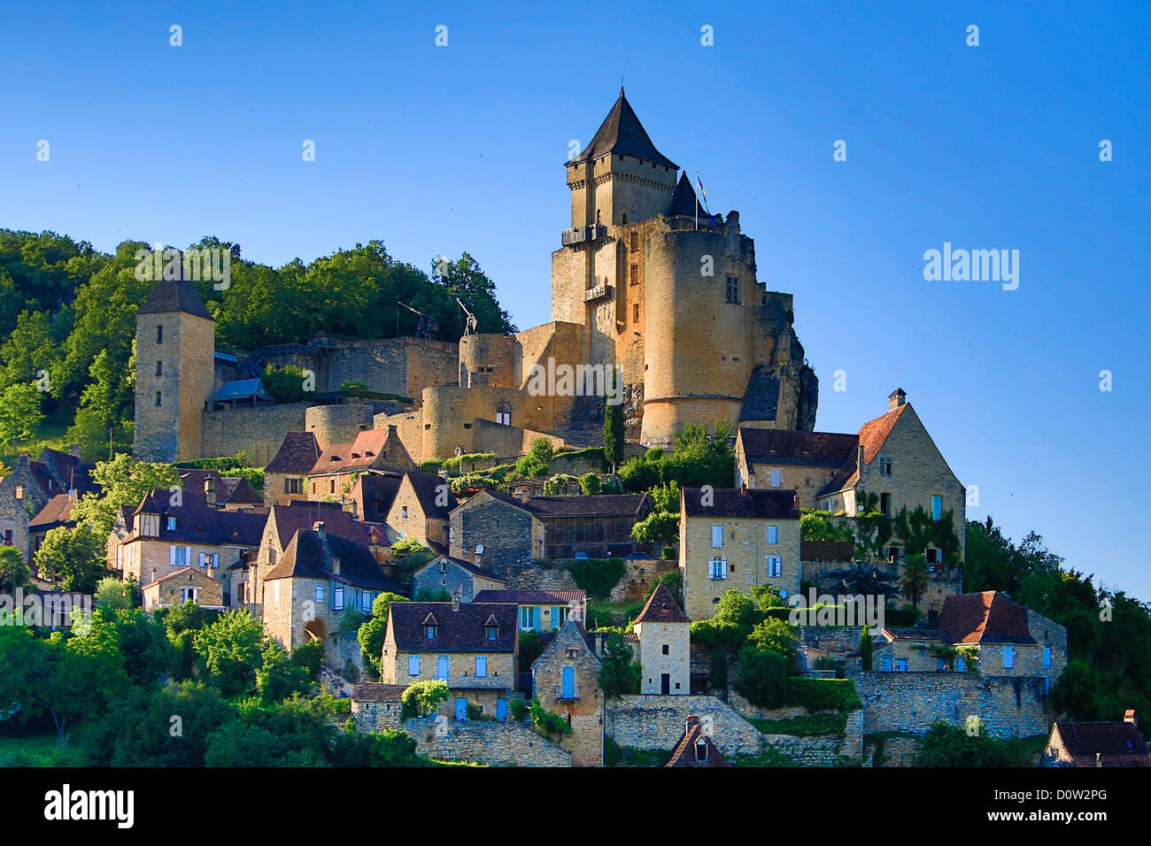 Frankreich, Europa, Reisen, Dordogne, Castelnaud, Milandes, Burg, Architektur, Skyline, Steilfelsen, mittelalterlich, Turm, herkömmlichen Stockfoto