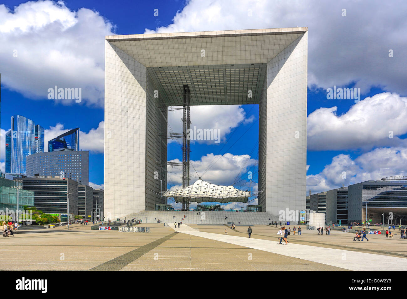 Frankreich, Europa, Reisen, Stadt, La Défense, Paris, Grande Arche, Arch, Architektur, groß, Gebäude, Verteidigung, neue, Skyline, Skyscr Stockfoto