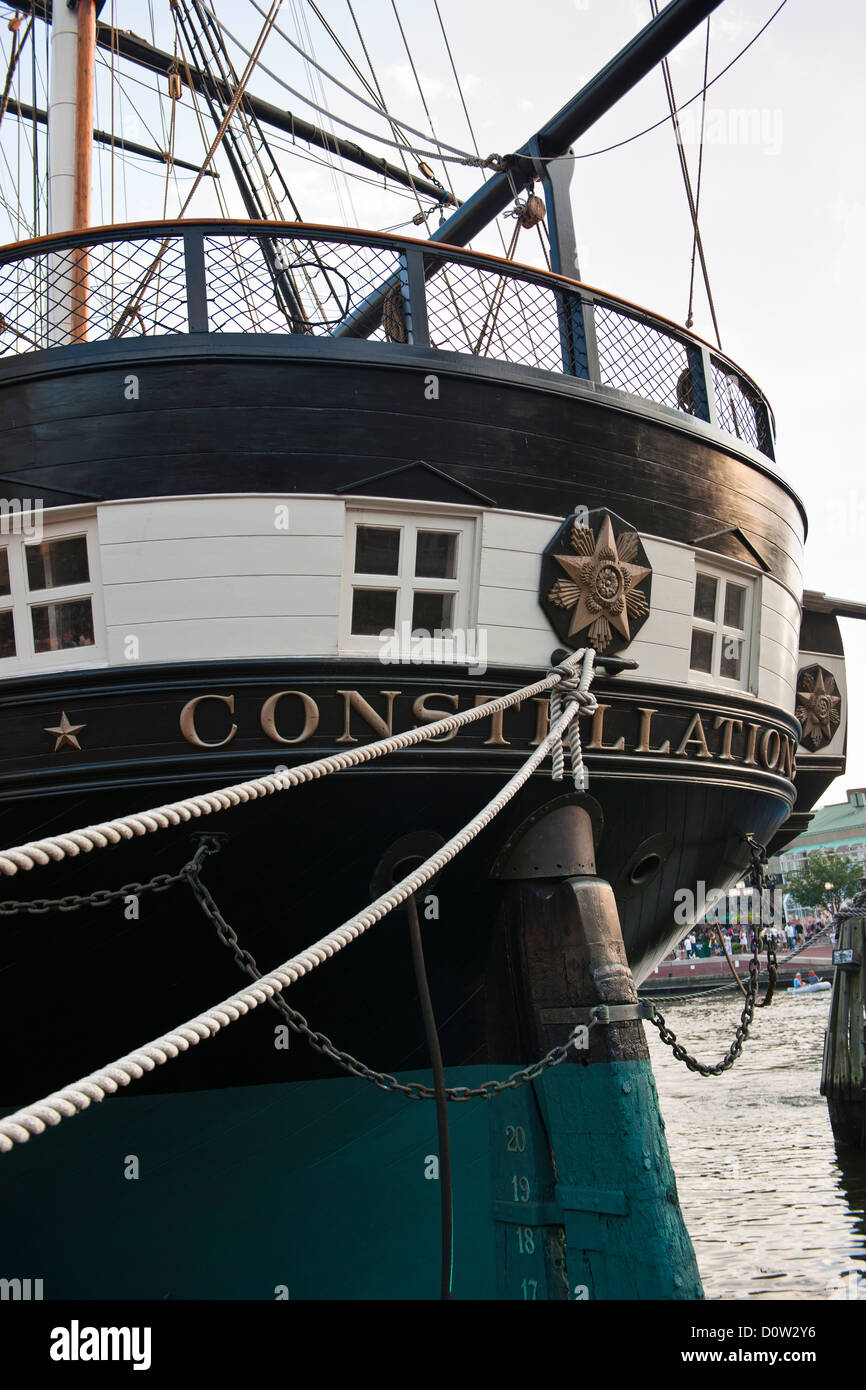 Stern und das Typenschild, USS Constellation, Baltimore Stockfoto
