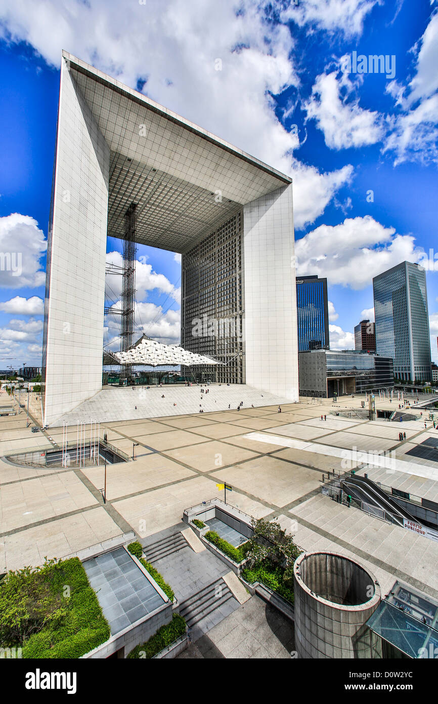 Frankreich, Europa, Reisen, Stadt, La Défense, Paris, Grande Arche, Arch, Architektur, groß, Gebäude, Verteidigung, neue, Skyline, Skyscr Stockfoto