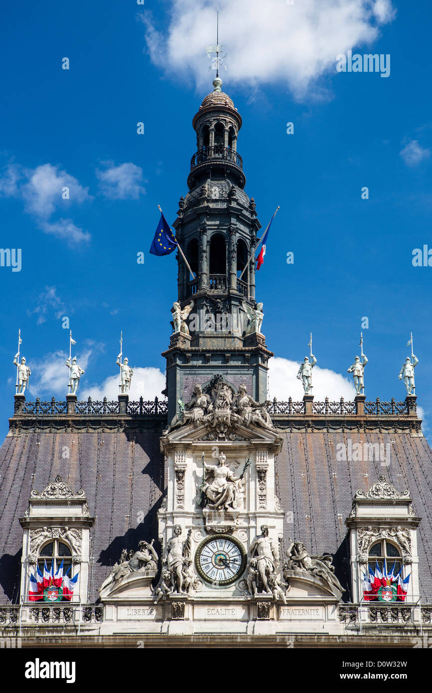 Frankreich, Europa, Reisen, Paris, Stadt, Rathaus, Architektur, Gebäude, Fahnen, Regierung, Dach, detail Stockfoto