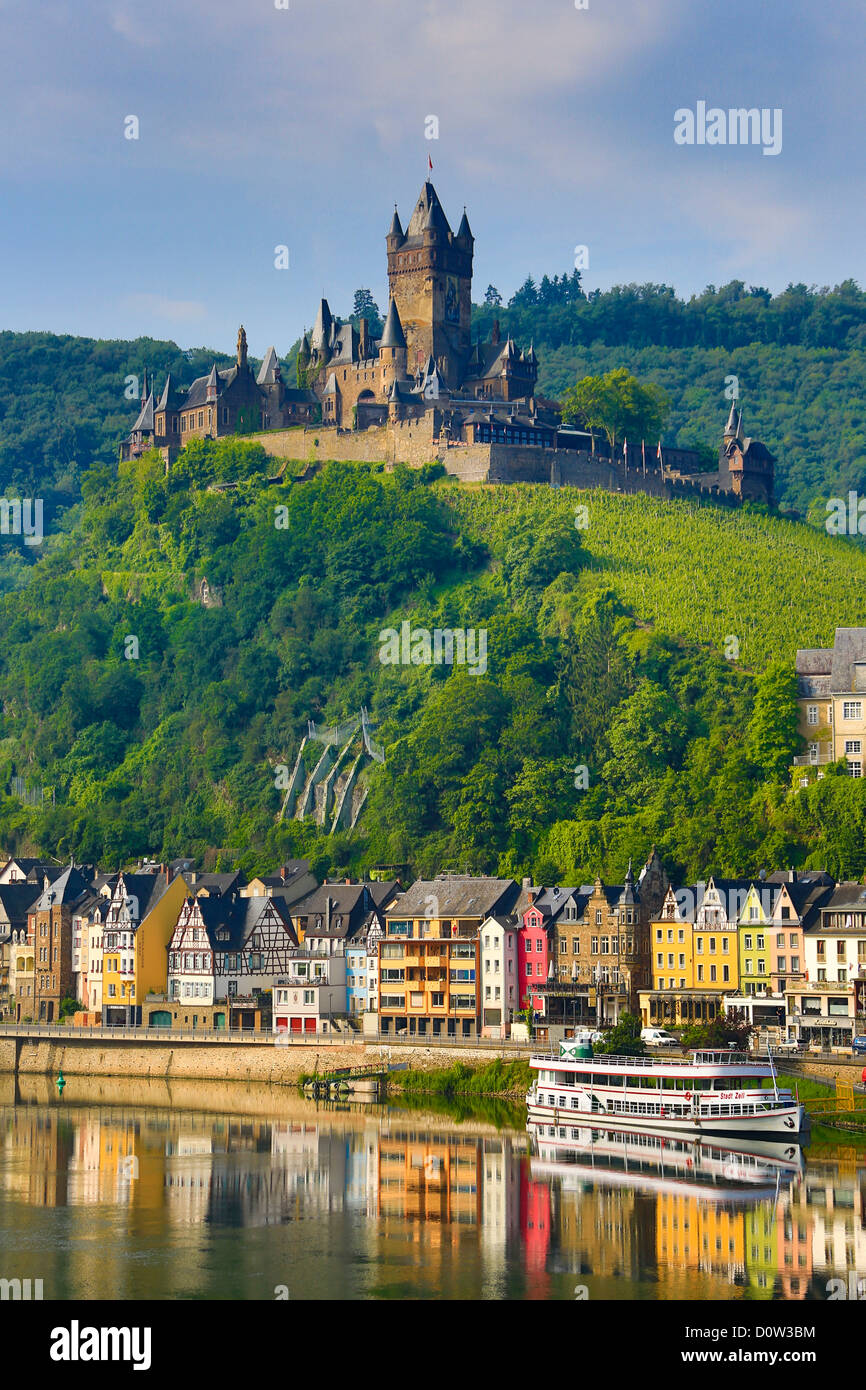 Deutschland, Europa, Reisen, Moseltal, Mosel, Cochem, Burg, Landwirtschaft, Biegung, Wolken, Mosel, Natur, Fluss, Tourismus, Tal, vi Stockfoto