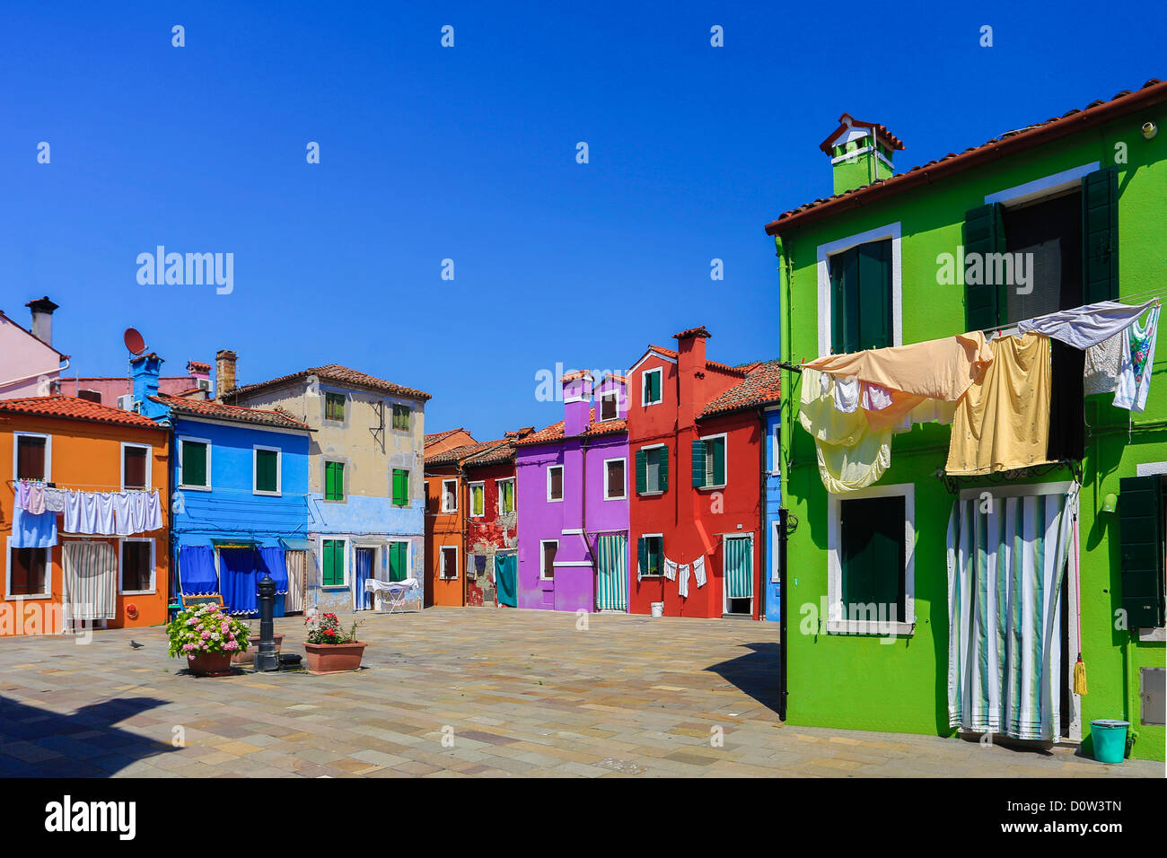 Italien, Europa, Reisen, Burano, Architektur, bunt, Farben, Tourismus, Venedig, Häuser Stockfoto