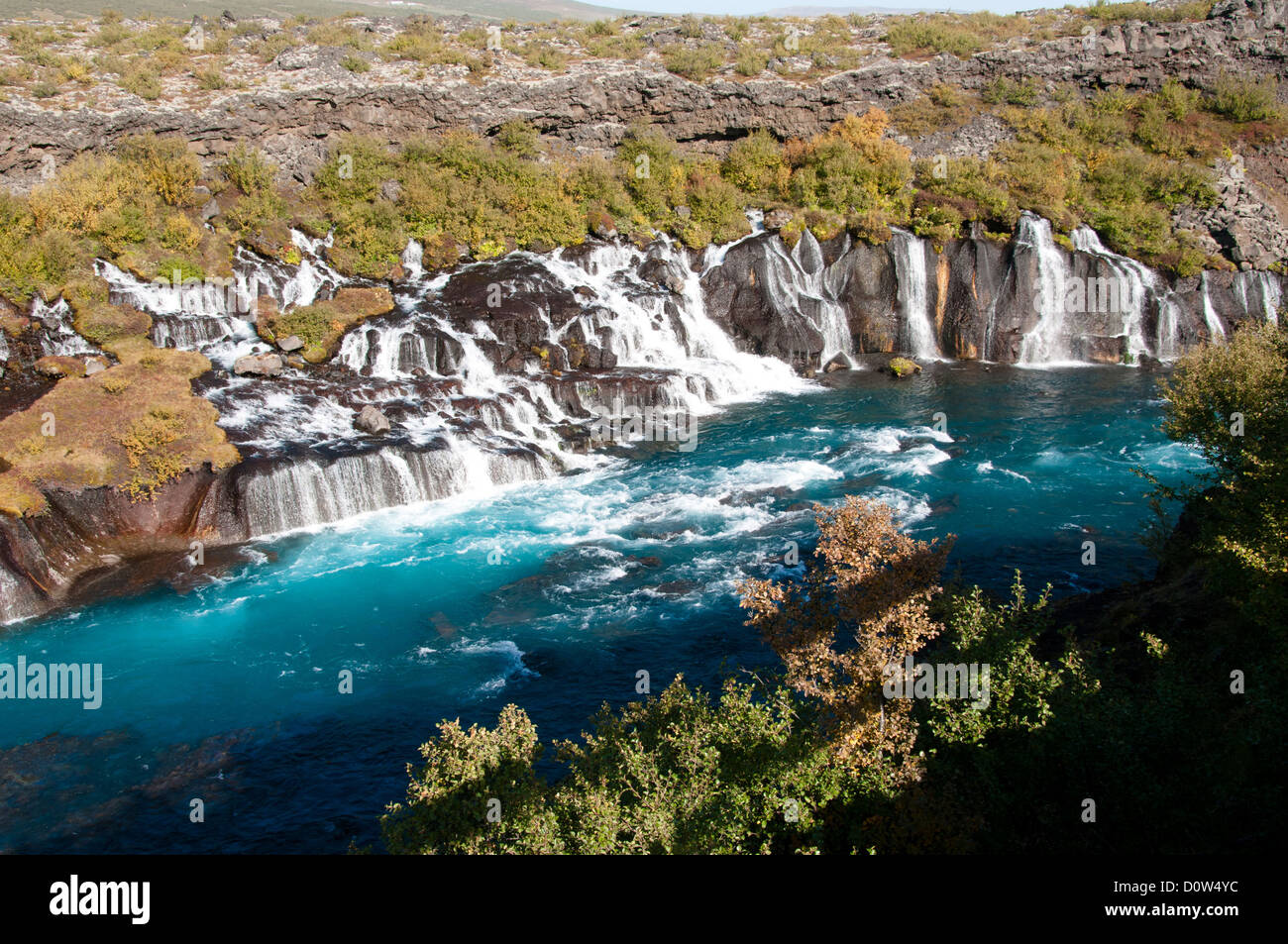 Hraunfossar, Island, Europa, Natur, Wasser, Wasserfall, Wasserfälle, Fluss, Fluss, Stockfoto