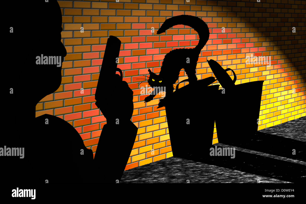 digitale Verbesserung - Illustration - Schattenbild - Mann mit Gewehr - Katze und Trash Cans in Hinterhof - Symbolik des Milieus Stockfoto