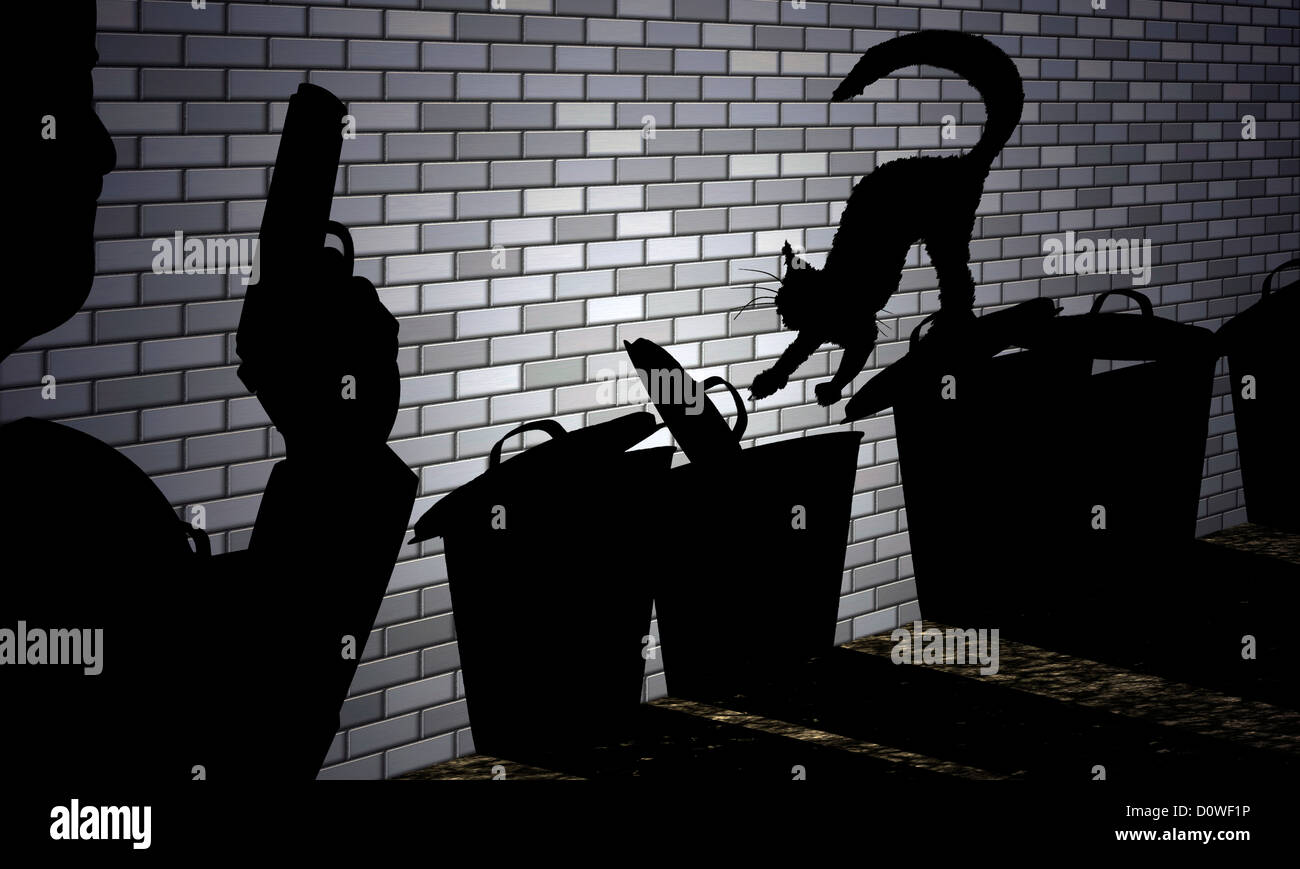 digitale Verbesserung - Illustration - Schattenbild - Mann mit Gewehr - Katze und Trash Cans in Hinterhof - Symbolik des Milieus Stockfoto