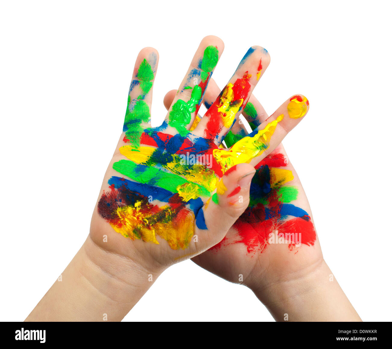 Die Hände von Kindern mit bunten Farben bemalt. Weiß isoliert Stockfoto