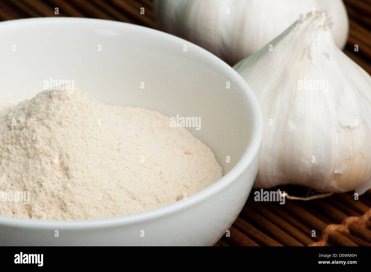 Knoblauchpulver und ganze Köpfe von Knoblauch hautnah Stockfoto