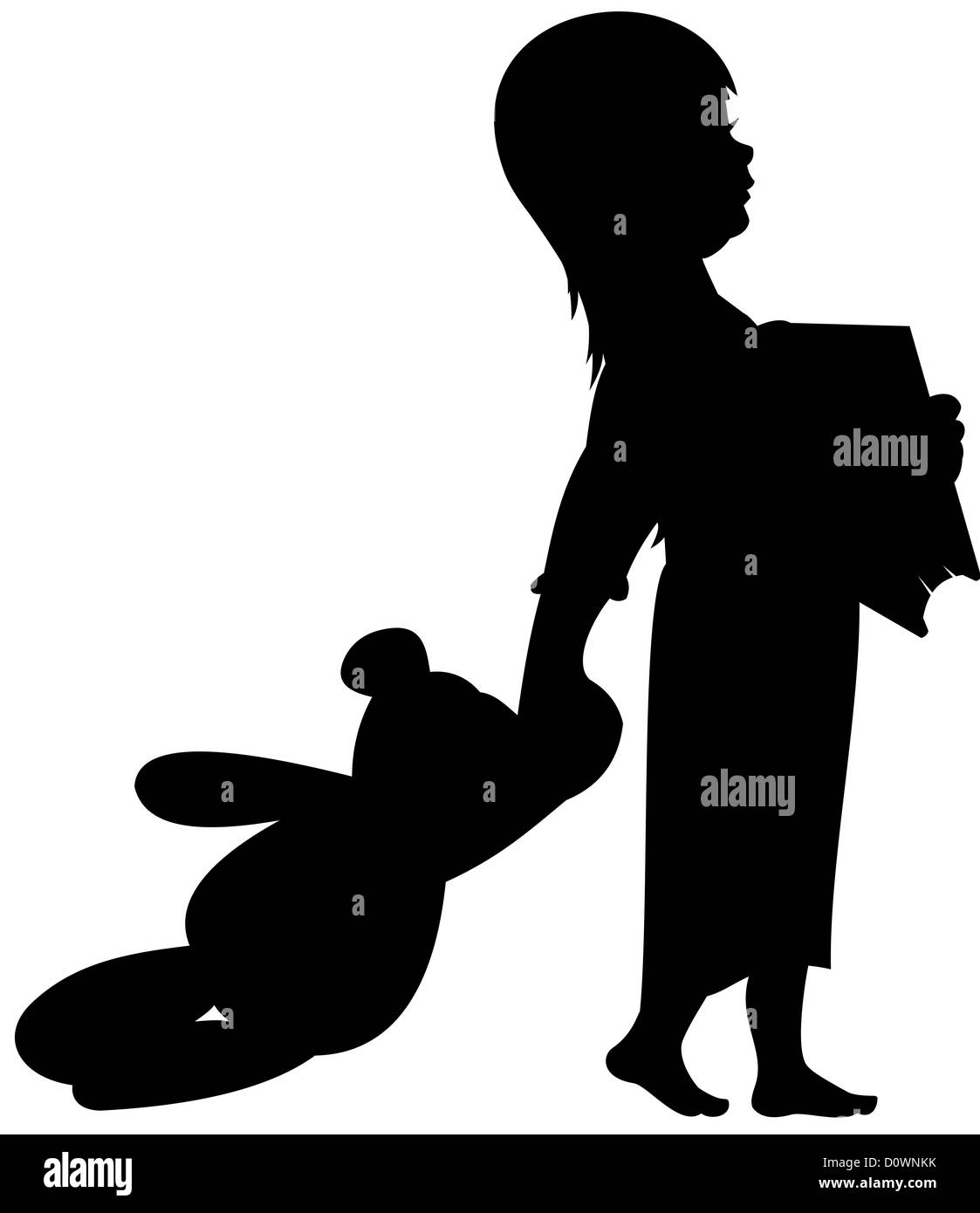 Silhouette Mädchen mit Teddy und Buch für Bett oder ein Nickerchen bereit Stockfoto