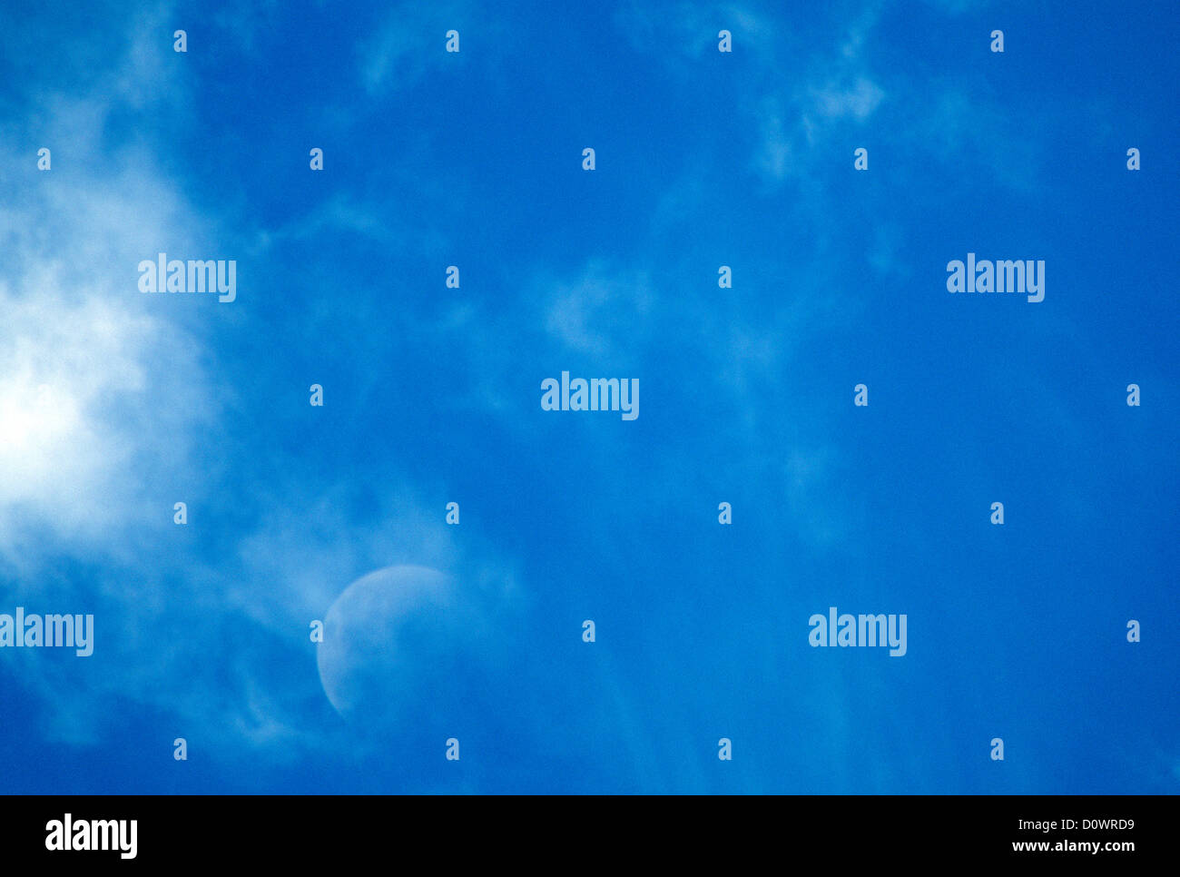 Blauer Himmel und Mond Stockfoto