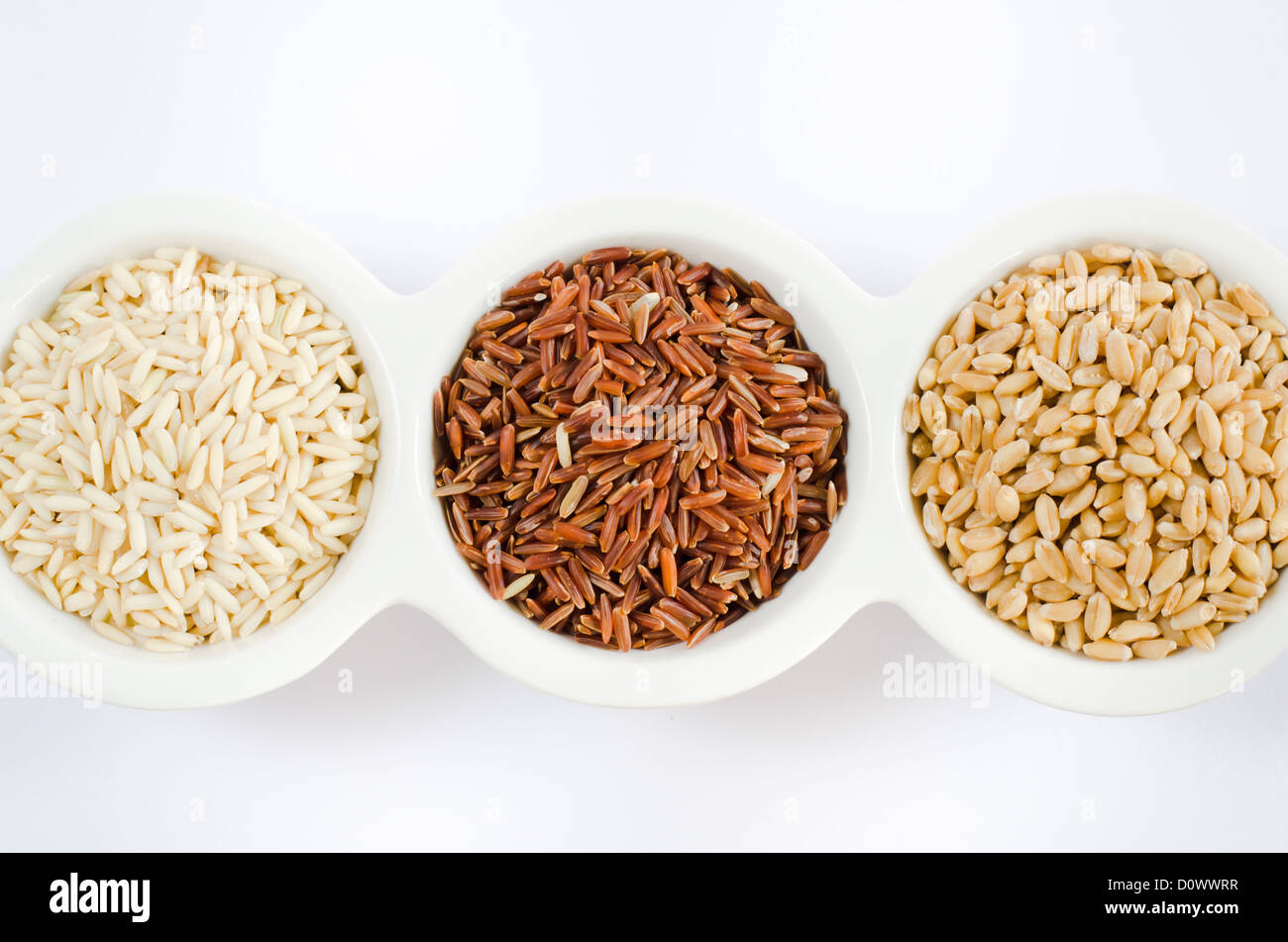 Draufsichten Korn und Getreide festgelegt, Reis, Roter Reis, Weizen, Stockfoto