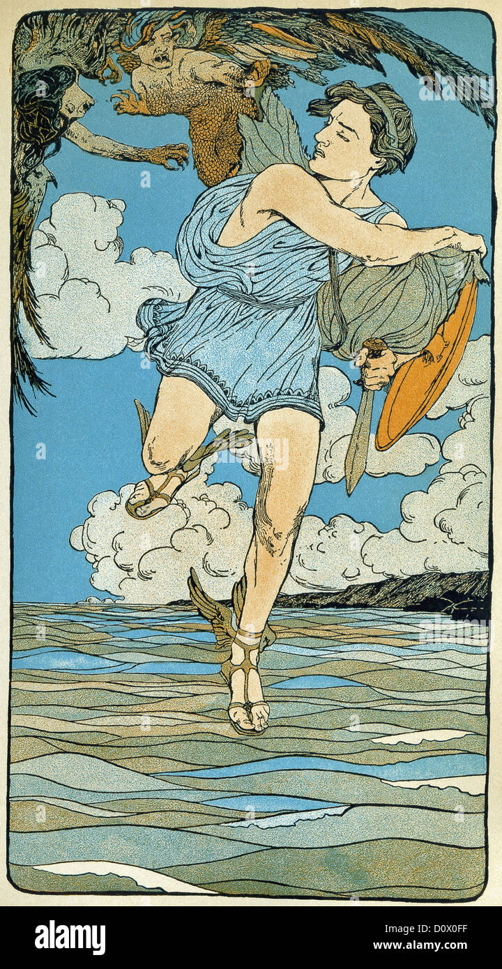 In der griechischen Mythologie, eines der Boread Brüder Gefechte mit den Harpyien, treibt sie weg von Phineus, König von Thrakien. Stockfoto