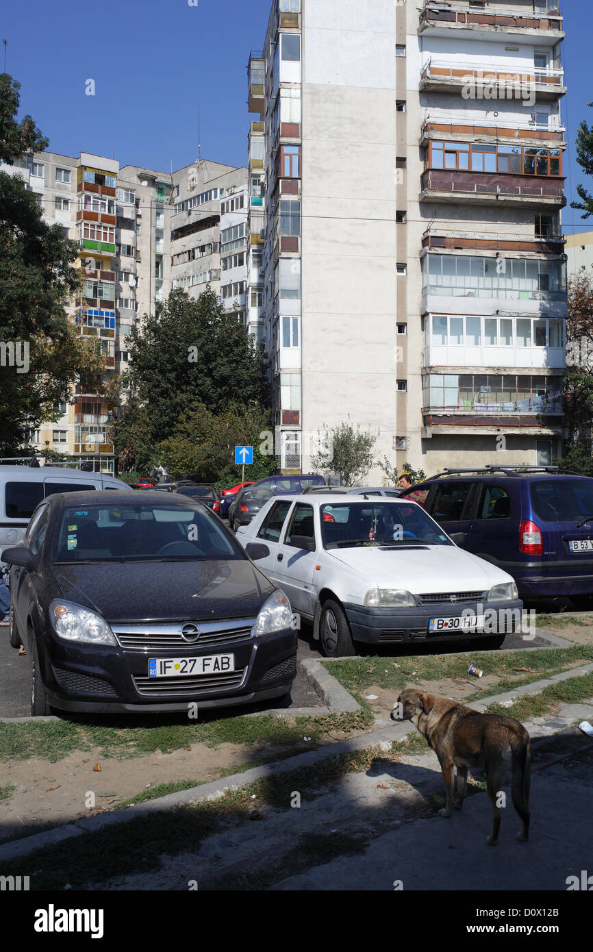 Bukarest, Rumänien, Plattenbauten und geparkte Autos in einem Wohngebiet Stockfoto