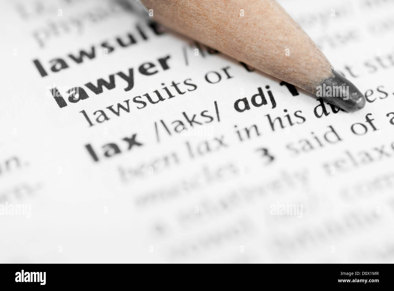 Makro-Bild Wörterbuch Wort: Rechtsanwältin und Bleistift. Stockfoto