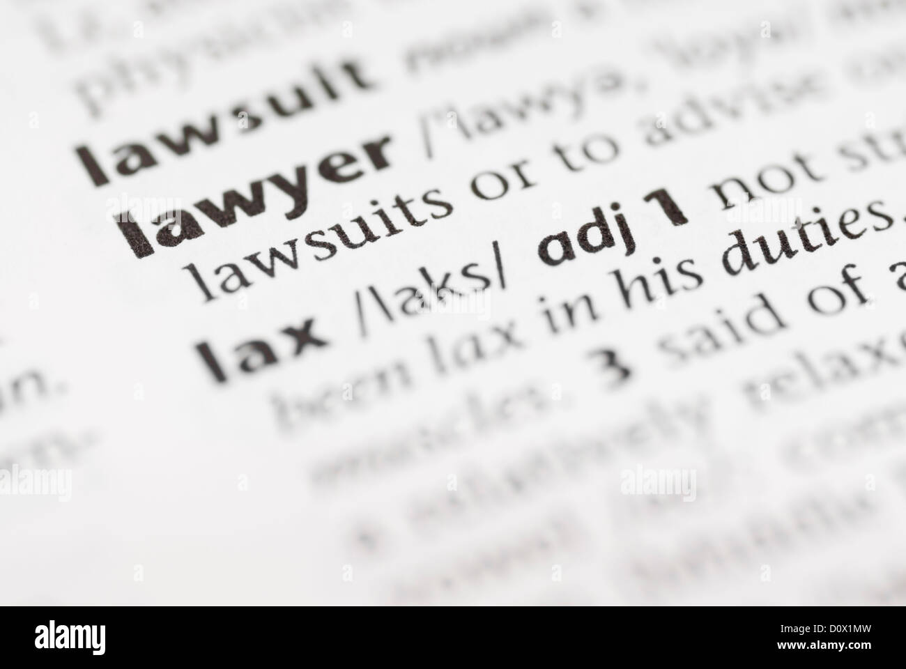 Makro-Bild Wörterbuch Wort: Rechtsanwältin und Bleistift. Stockfoto