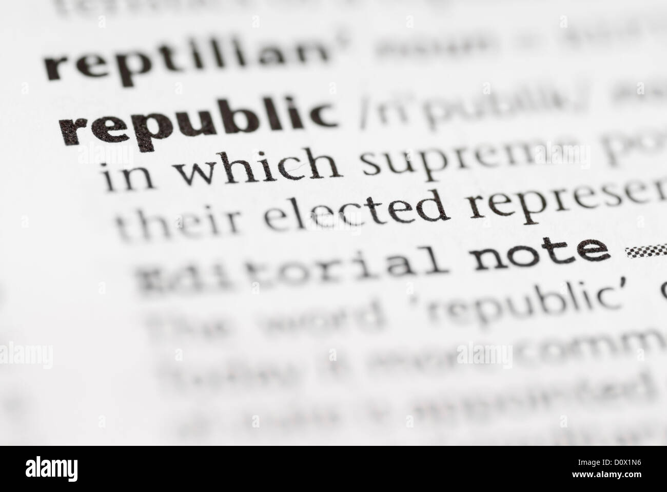 Makro-Bild Wörterbuch Wort: Republik. Stockfoto