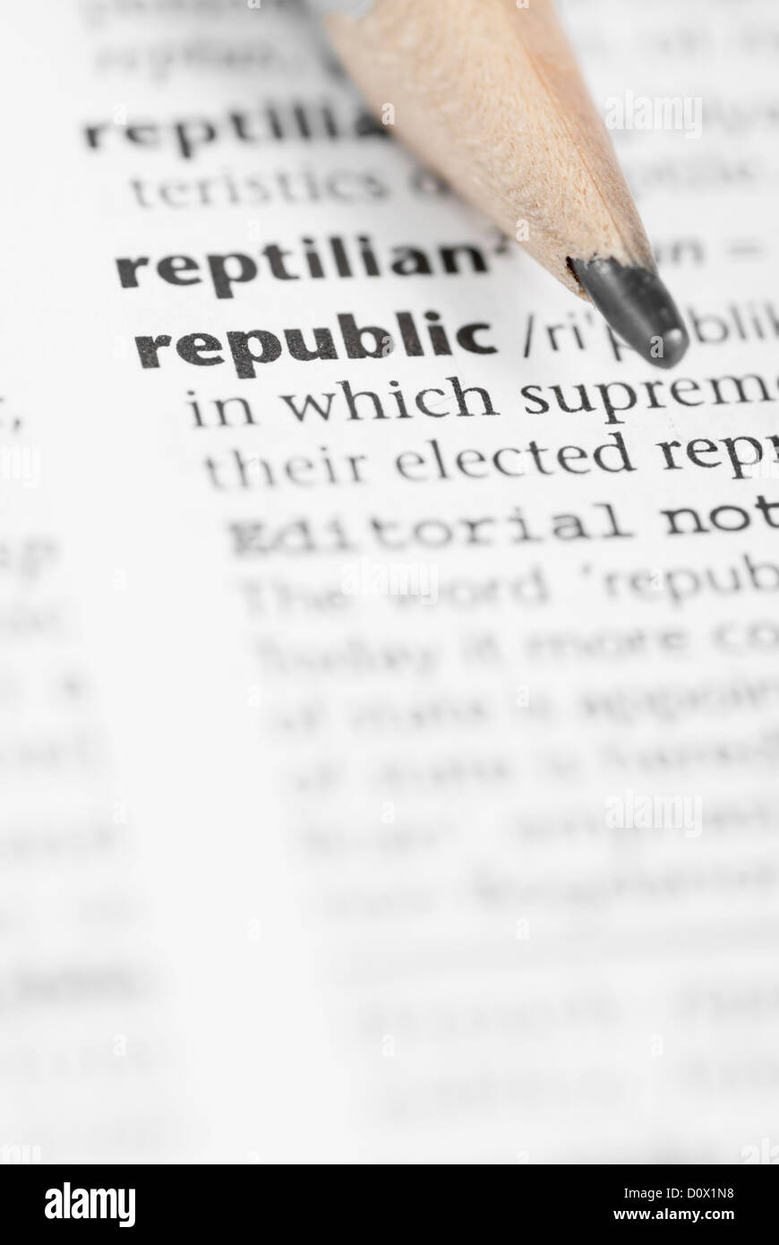 Makro-Bild Wörterbuch Wort: Republik und Bleistift Stockfoto