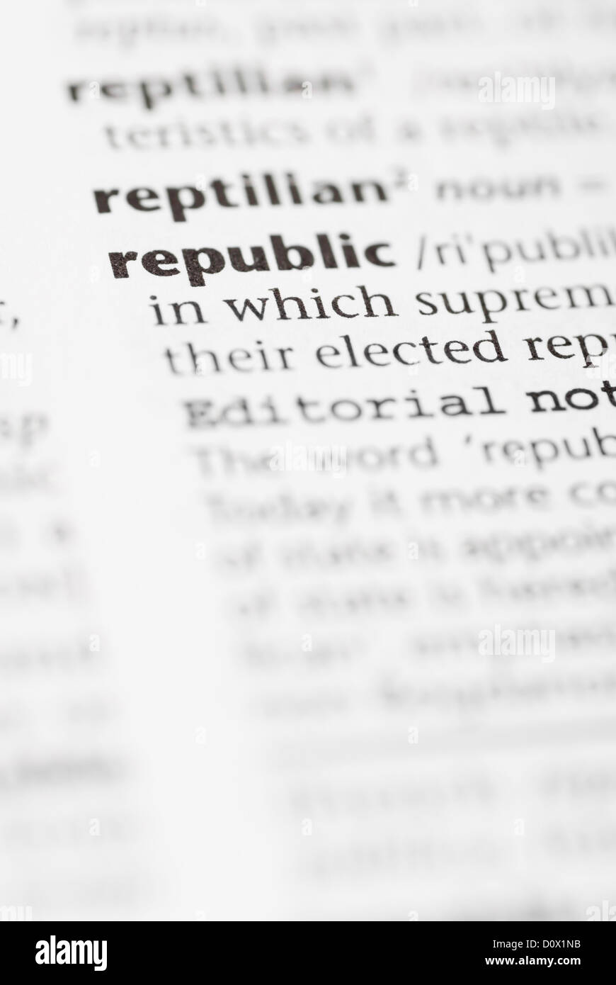 Makro-Bild Wörterbuch Wort: Republik. Stockfoto