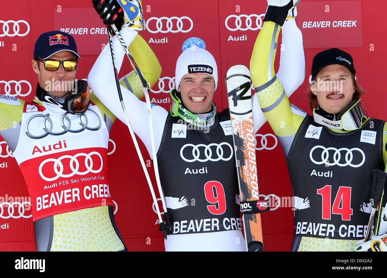 30.11.2012. Ski Alpin FIS WC Beaver Creek Herren Abfahrt Colorado USA Award Zeremonie Bild zeigt der Jubel von Aksel Lund Svindal NOR Christof Innerhofer ITA und Kjetil Jansrud NOR Stockfoto